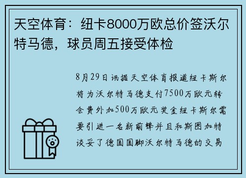 天空体育：纽卡8000万欧总价签沃尔特马德，球员周五接受体检
